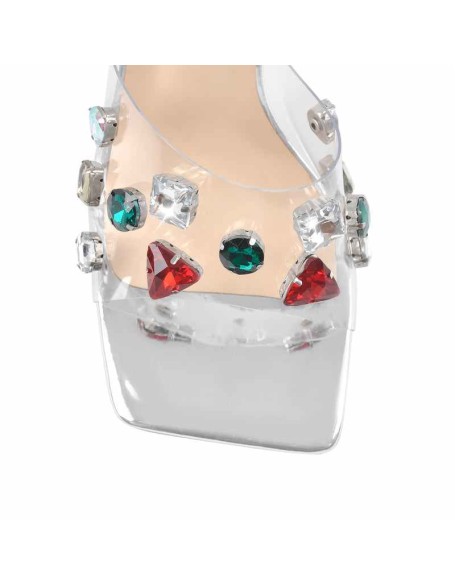 Square Toe Rhinestone Clear Band Mules Sandals