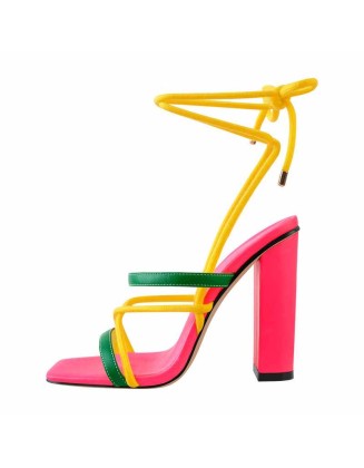Square Toe Multi Strap Lace Up Chunky Heel Sandals