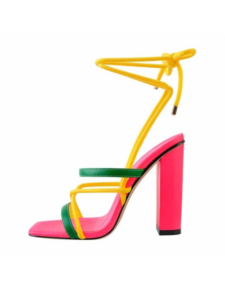 Square Toe Multi Strap Lace Up Chunky Heel Sandals