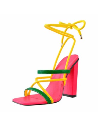 Square Toe Multi Strap Lace Up Chunky Heel Sandals