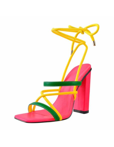 Square Toe Multi Strap Lace Up Chunky Heel Sandals
