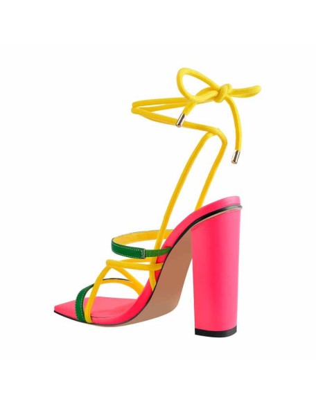 Square Toe Multi Strap Lace Up Chunky Heel Sandals