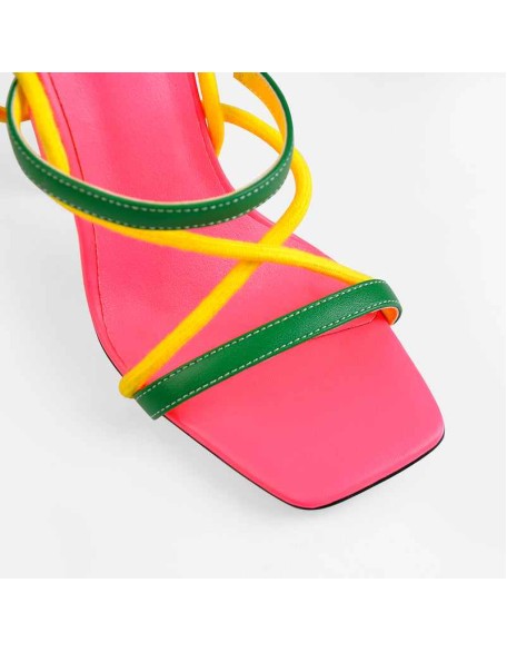 Square Toe Multi Strap Lace Up Chunky Heel Sandals