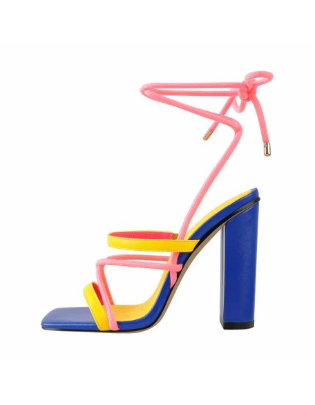 Square Toe Multi Strap Lace Up Chunky Heel Sandals