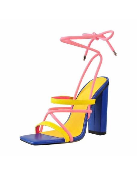Square Toe Multi Strap Lace Up Chunky Heel Sandals
