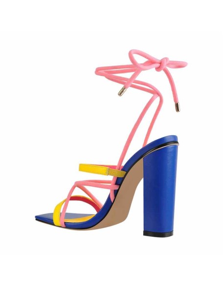 Square Toe Multi Strap Lace Up Chunky Heel Sandals