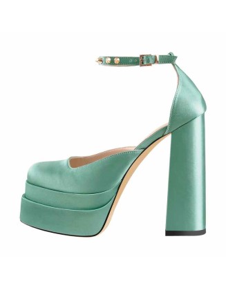 Double Platform Rivets Ankle Strap Chunky Heel D'Orsay Pumps