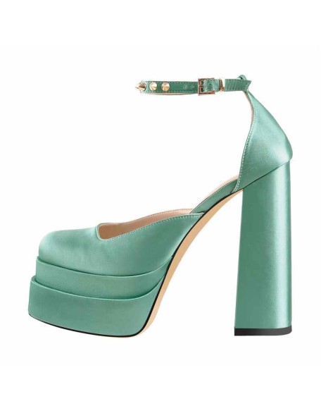 Double Platform Rivets Ankle Strap Chunky Heel D'Orsay Pumps