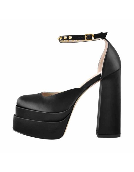 Double Platform Rivets Ankle Strap Chunky Heel D'Orsay Pumps