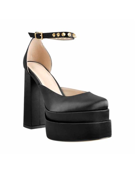 Double Platform Rivets Ankle Strap Chunky Heel D'Orsay Pumps