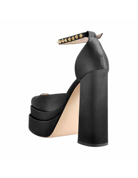 Double Platform Rivets Ankle Strap Chunky Heel D'Orsay Pumps