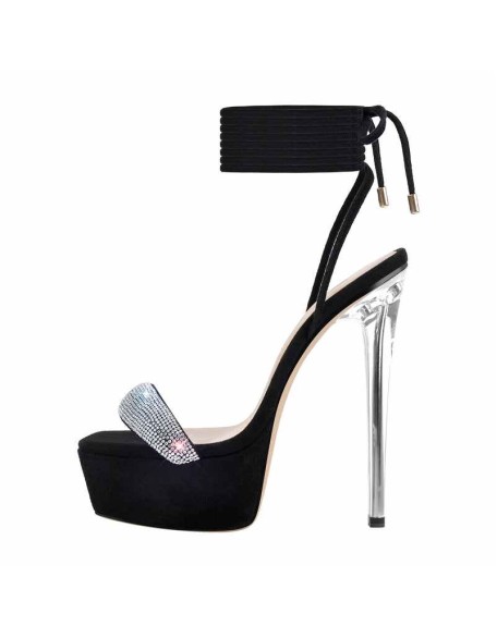 Platform Square Toe Rhinestone Band Lace Up Stiletto Sandals