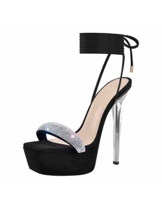 Platform Square Toe Rhinestone Band Lace Up Stiletto Sandals