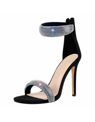 Double Rhinestone Band Zipper Stiletto Sandals