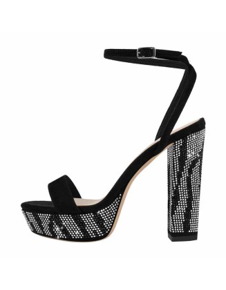 Rhinestone Platform Single Band Ankle Strap Chunky Heel Sandals