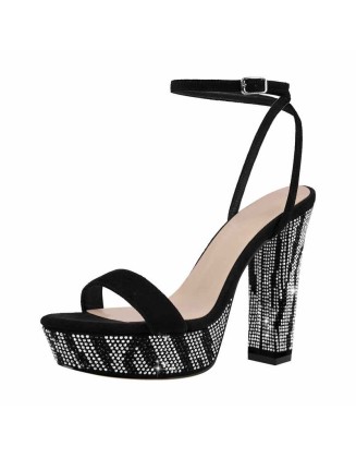 Rhinestone Platform Single Band Ankle Strap Chunky Heel Sandals