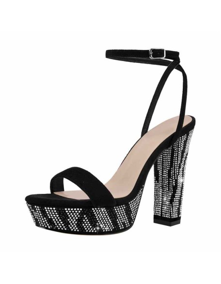 Rhinestone Platform Single Band Ankle Strap Chunky Heel Sandals
