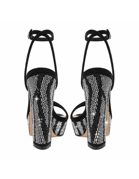 Rhinestone Platform Single Band Ankle Strap Chunky Heel Sandals