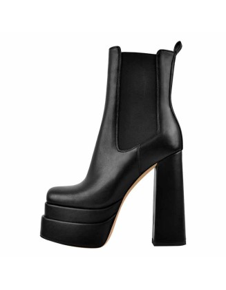 Double Platform Elastic Zipper Chunky Heel Ankle Boots