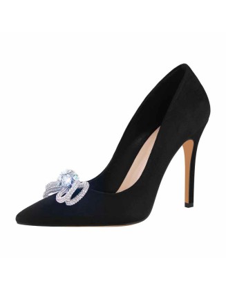 Rhinestone Bow Pointed Toe Black Suede Heels Stiletto Pumps