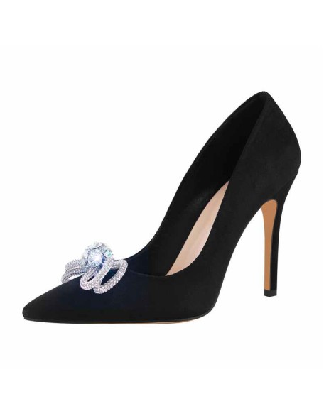 Rhinestone Bow Pointed Toe Black Suede Heels Stiletto Pumps