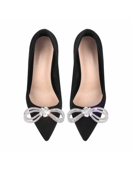 Rhinestone Bow Pointed Toe Black Suede Heels Stiletto Pumps