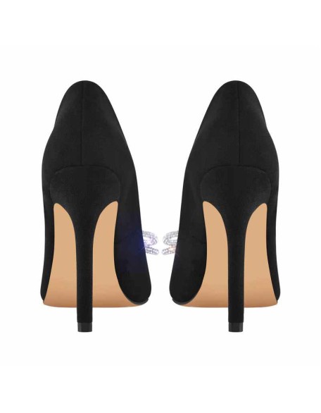 Rhinestone Bow Pointed Toe Black Suede Heels Stiletto Pumps