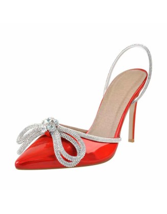 Pointed Toe Diamante Bow Rhinestone Strap Stiletto Sandals