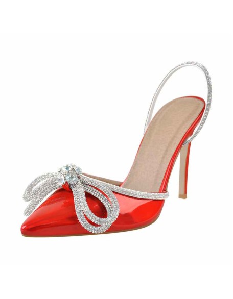 Pointed Toe Diamante Bow Rhinestone Strap Stiletto Sandals
