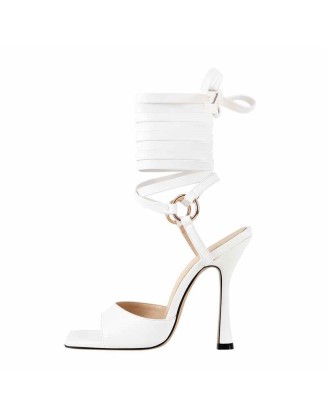 Square Open Toe Lace Up High Heels Sandals