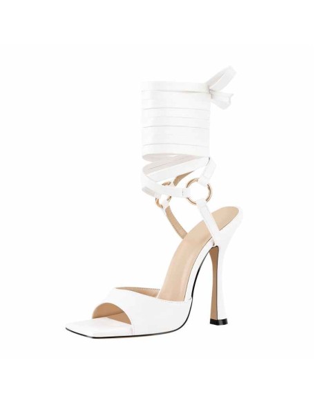 Square Open Toe Lace Up High Heels Sandals