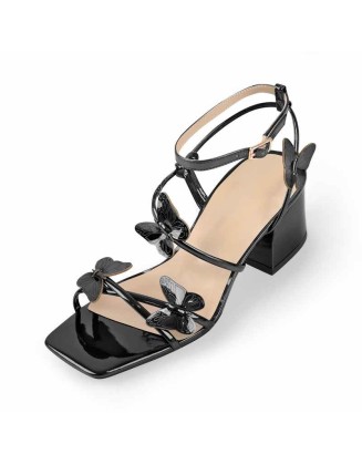 Ankle Strap Butterfly Decor Mid Chunky Heels Sandals