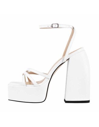 White Ankle Strap Platform Chunky Heels Sandals
