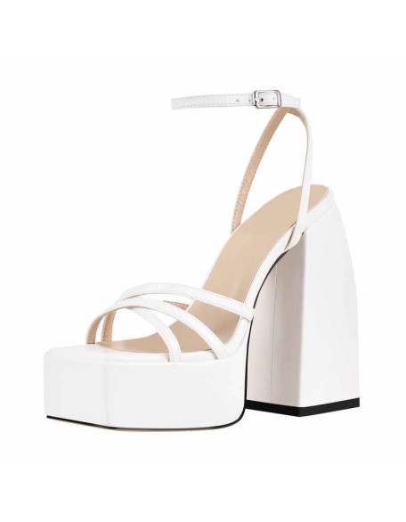 White Ankle Strap Platform Chunky Heels Sandals