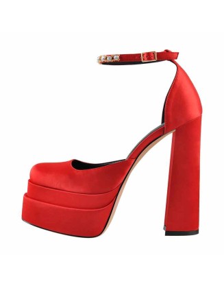 Double  Platform Block Heel Ankle Strap Pumps