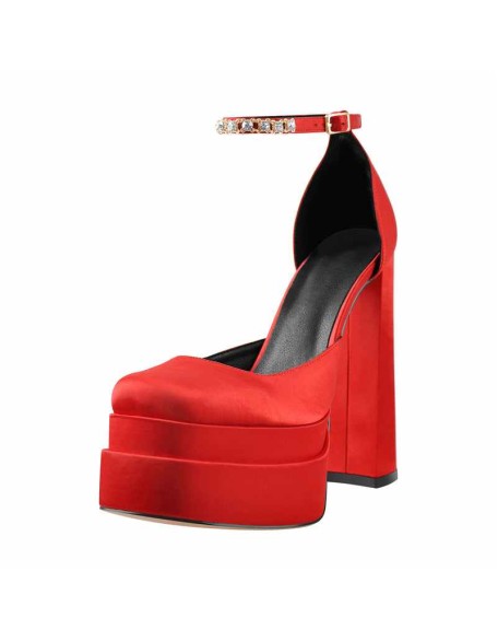 Double  Platform Block Heel Ankle Strap Pumps