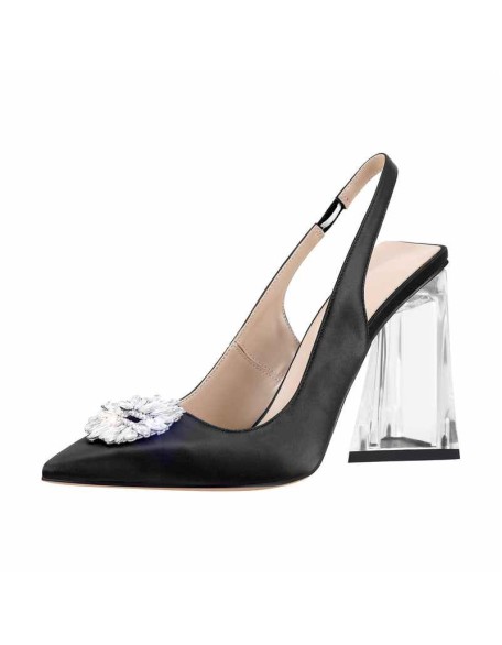 Pointed Toe Rhinestone Clear Chunky Heel Slingback Pumps
