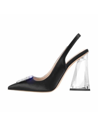 Pointed Toe Rhinestone Clear Chunky Heel Slingback Pumps