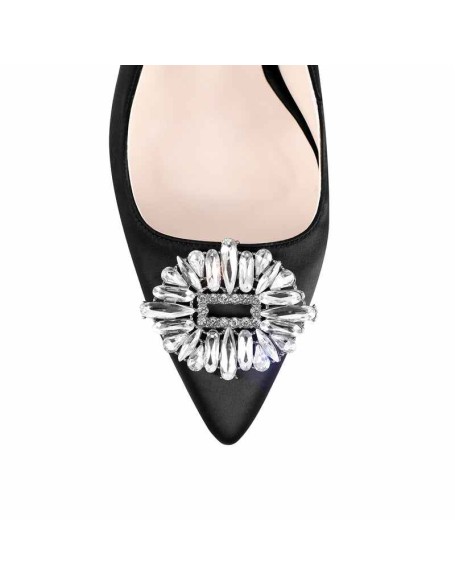Pointed Toe Rhinestone Clear Chunky Heel Slingback Pumps