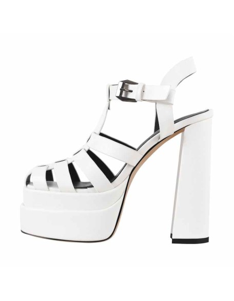White Platform Chunky High Heel Hollow Out Strappy Sandals
