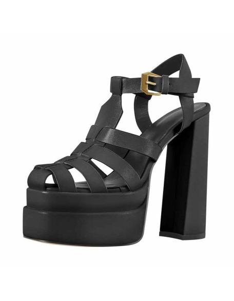 White Platform Chunky High Heel Hollow Out Strappy Sandals