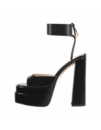 Black Platform Chunky High Heel Lace Up Sandals