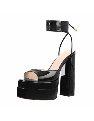 Black Platform Chunky High Heel Lace Up Sandals