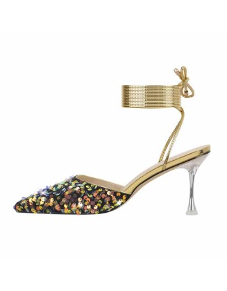 Pointed Toe Sequin Lace Up Pumps