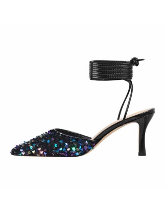 Pointed Toe Sequin Lace Up Pumps