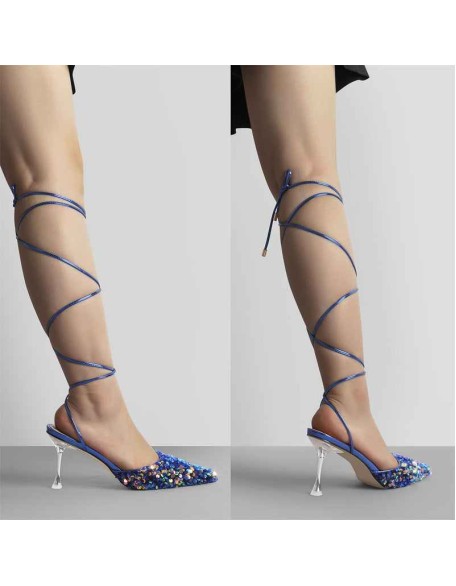 Pointed Toe Sequin Lace Up Pumps