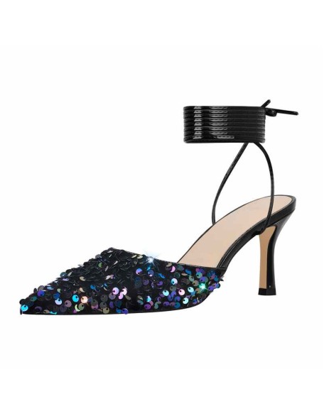 Pointed Toe Sequin Lace Up Pumps