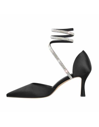 Black Mid Heel Rhinestones Pumps