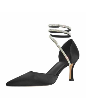 Black Mid Heel Rhinestones Pumps