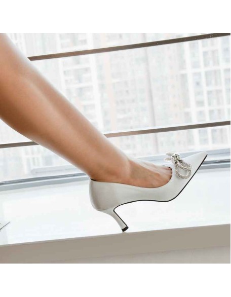 Pointed Toe Rhinestone Bow Mid Heel Pumps